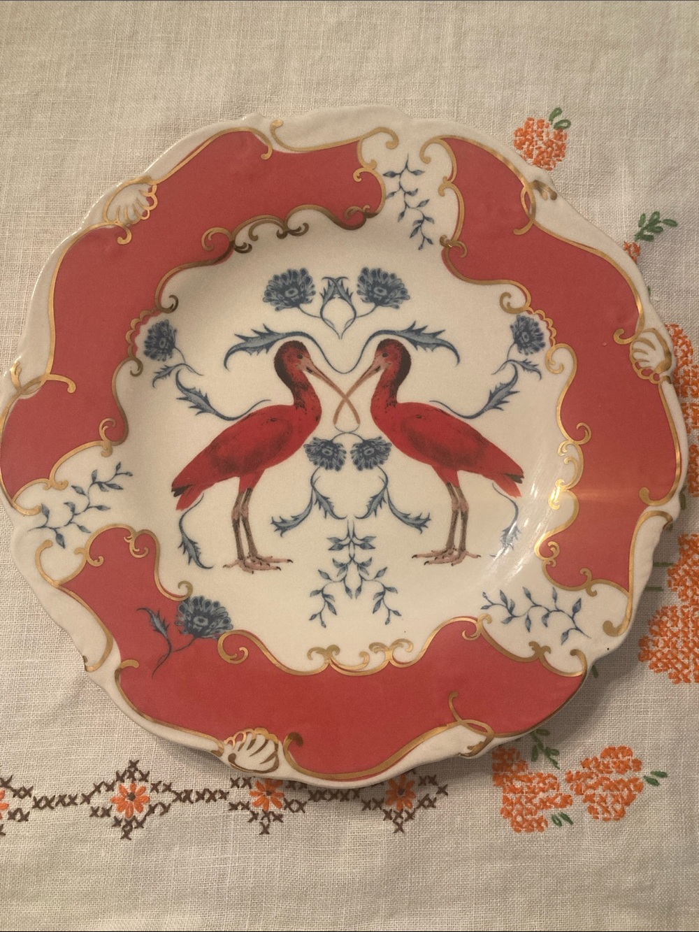 Anthropologie Coral, Red and Blue Porcelain Plate with Ibis Motif